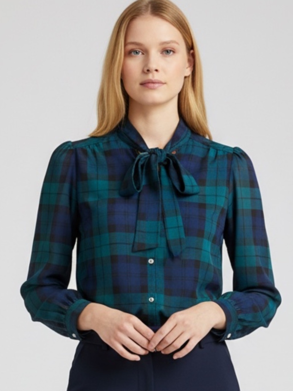 J.Crew Black Watch Plaid Bow Tie Neck Button Down Blouse Top Blue Green XS